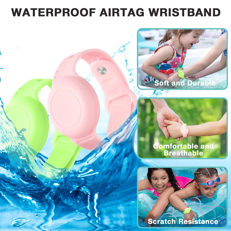 Waterproof Airtag Bracelet for Kids(2 Pack) - Soft Silicone Air tag Wristband Kids Full Case Cover Compatible with Apple Airtag, Lightweight GPS Tracker Holder for Kids (Green/Pink)