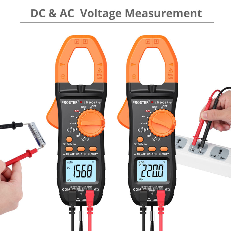 Proster Digital Clamp Meter TRMS 6000counts, 800A DC AC Current AC/DC Voltage NCV Continuity Capacitance Resistance Frequency Diode Hz Test, with1 PairTest Leads 1 Pair Alligator Clips
