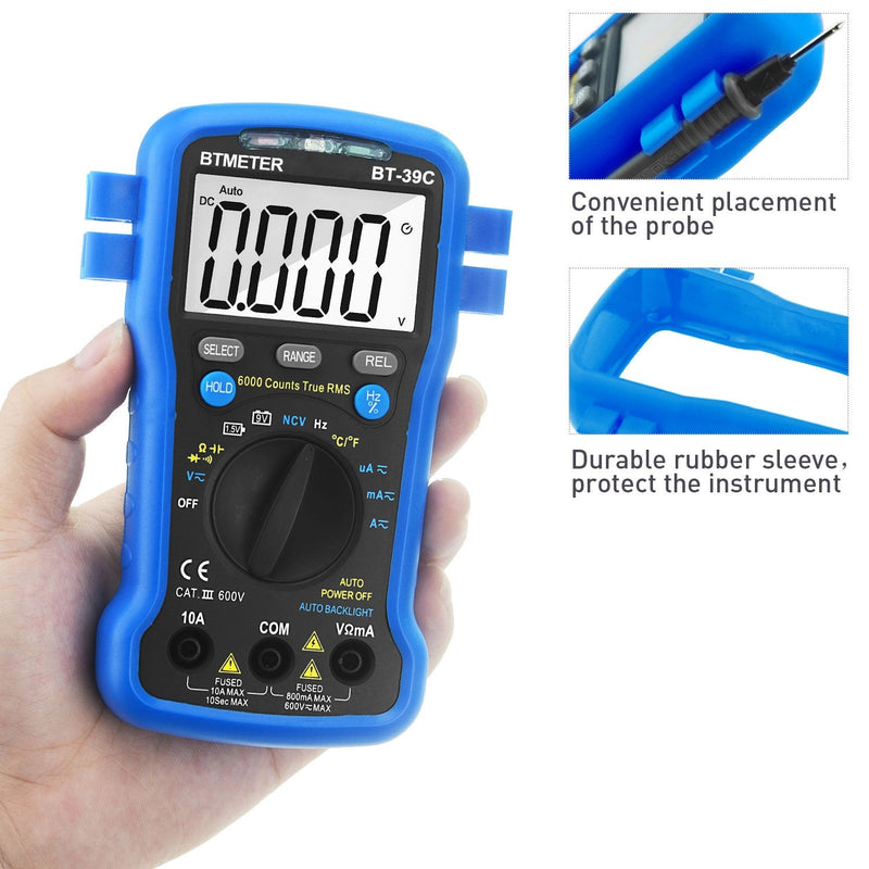 BTMETER BT-39C True RMS Multimeter, Auto Range Digital Avometer 6000 Counts Accurate Measures AC/DC Amps, Volts, Ohms, Capacitance,Frequency with Auto Backlight, NCV Temp Test BT-39C W/ Temp Measurement (BLUE)