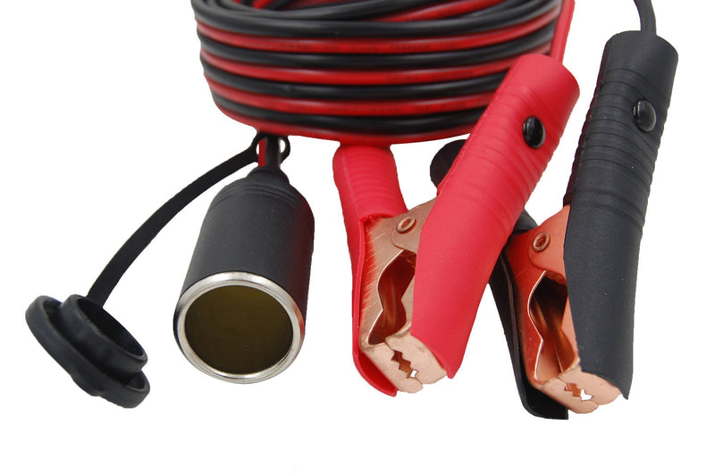 CUZEC 13.1FT/4m 16 AWG Extension Cord Plug Socket with Battery Clamp 12V/ 24V Battery Clip-On and Cigarette Lighter Adapter (13.1FT Long) 13.1FT LONG