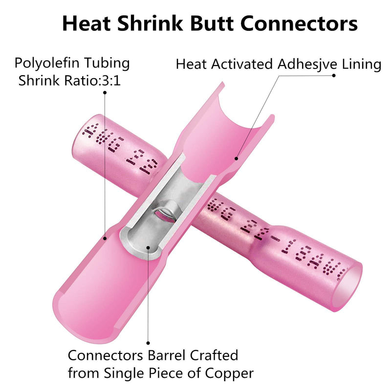 200 PCS Heat Shrink Butt Connectors Qibaok Waterproof Insulated Electrical Crimp Wire Connectors Butt Splice Terminal 22-18 AWG for Automotive Marine Boat Truck Trailer Stereo