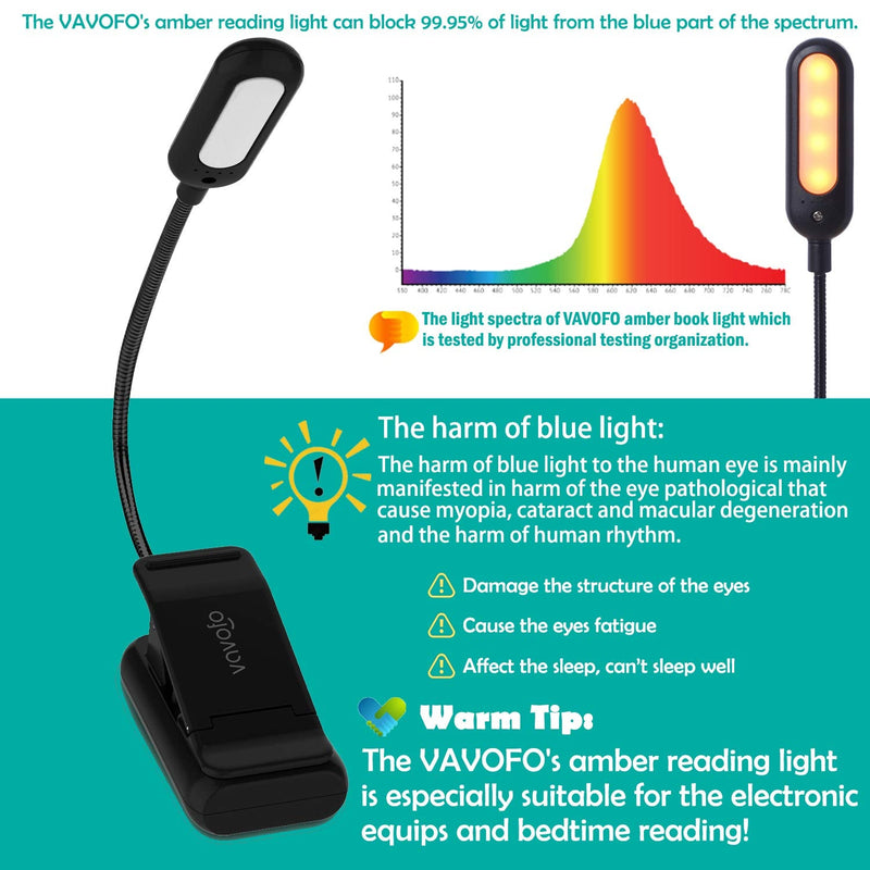 VAVOFO Amber Rechargeable Reading Light, Blue Light Blocking Book Light, 7 LEDs Eye Care 9 Colors 9 Brightness Clip On for Kids Bookworms Reading in Bed with Power Indicator Lasting 70h (Black) 1-Pack Black
