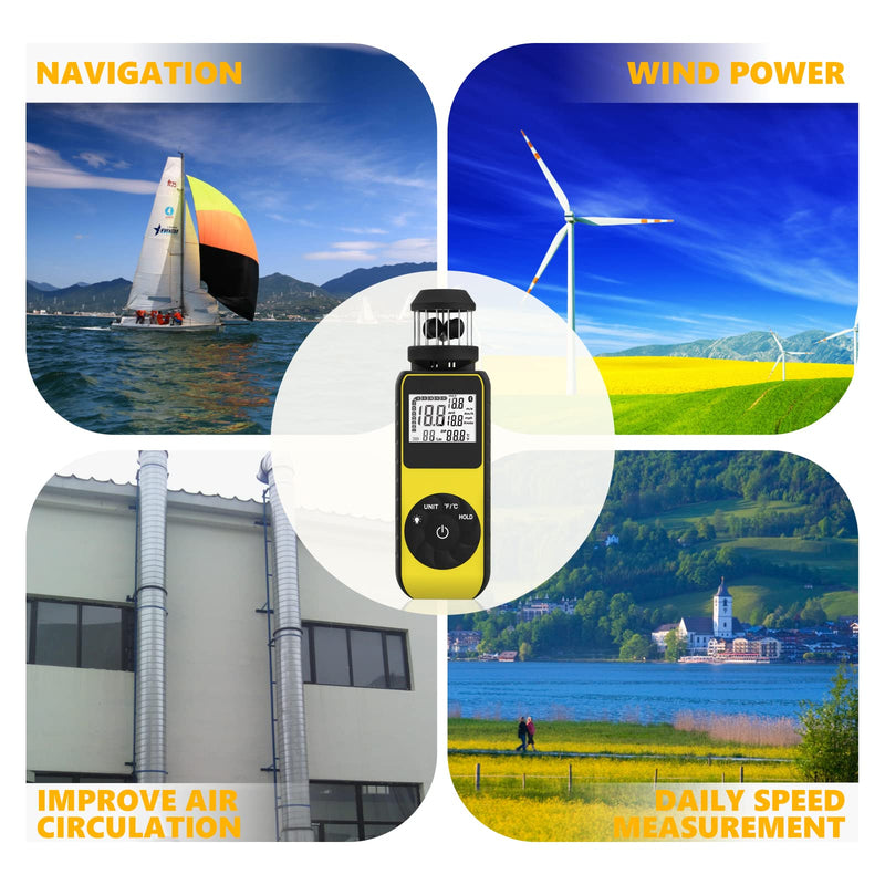 Digital Anemometer Anemometer Handheld with Wind Cup Anemometer Portable GR-881M Speed Meter with Compass and Temp(℃/℉) Measuring Air Speed Air Volume for Boat Sailing, Shooting 881M(Yellow)