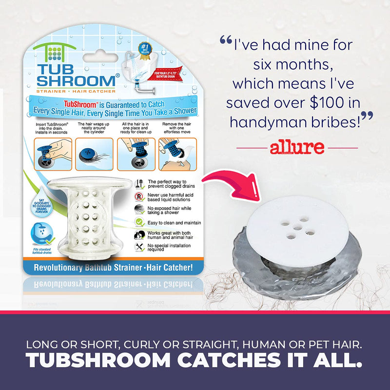 TubShroom The Revolutionary Tub Drain Protector Hair Catcher/Strainer/Snare, White, 2.25 x 2.25 Inch