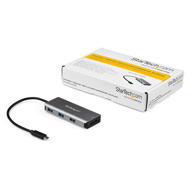 StarTech.com 3 Port 10Gbps USB C Hub with SD Card Reader - 3x USB-A & 1x SD Slot - Portable USB 3.1/3.2 Gen 2 Type C Adapter Hub - Laptop Hub - USB Bus Powered - Thunderbolt 3 Compatible (HB31C3ASDMB) 1.5" x 5.7" x 8.1"