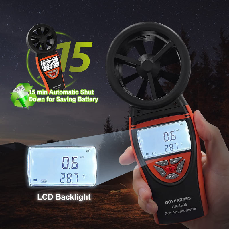Handheld Wind Meter Digital Anemometer 0.3~30m/s Wind Speed Meter, GR-8808, Temperature for Navigation, Sailing Competition, Various Fan Manufacturing Industries, Data Storage