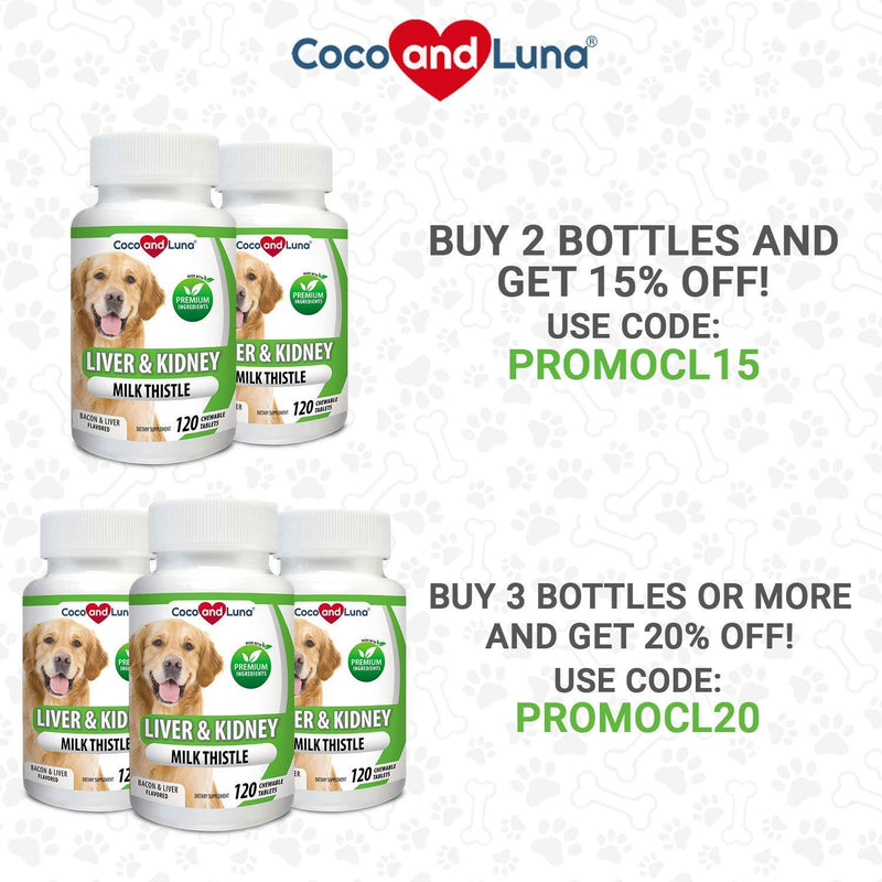 Coco and Luna Milk Thistle for Dogs, Liver Support for Dogs, Detox, Hepatic Support, Promotes Liver Healthy Function for Pets, VIT B1, B2, B6, B12 Tablet 120 Count (Pack of 1)