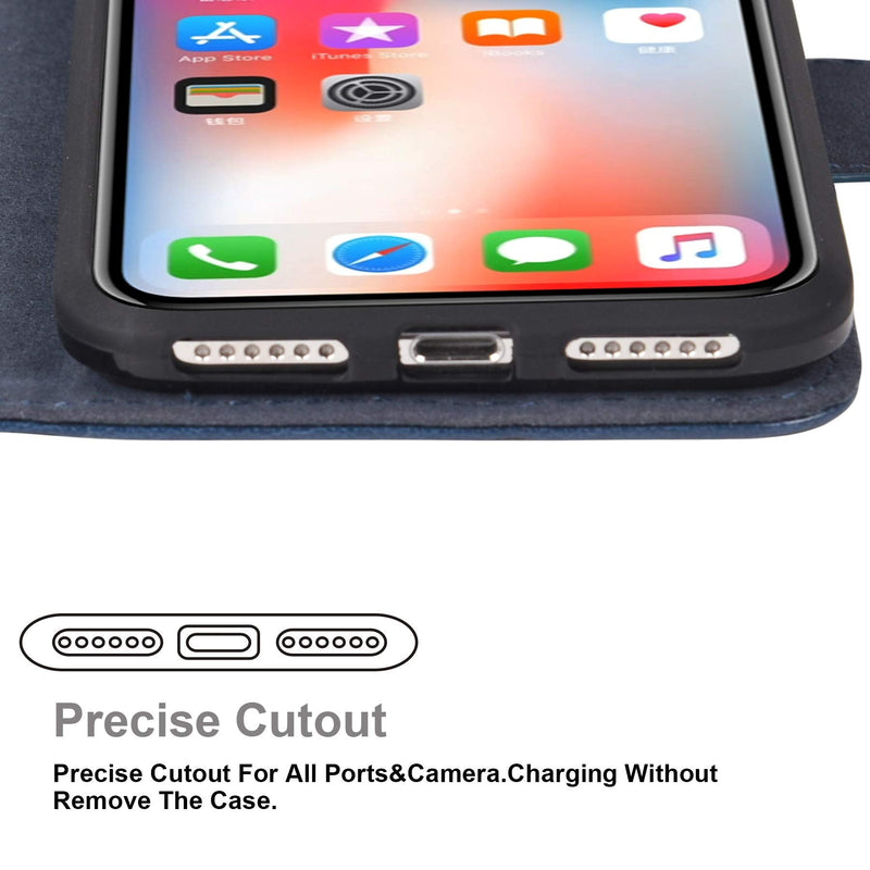Arae Case for iPhone X/Xs, Premium PU Leather Wallet Case [Wrist Straps] Flip Folio [Kickstand Feature] with ID&Credit Card Pockets for iPhone X (2017) / Xs (2018) 5.8 inch (not for Xr) - Blue