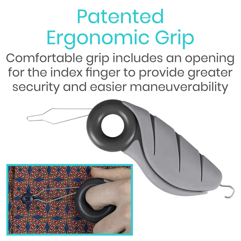 Button Hook Model V by Vive - Button Hook Tool and Dressing Aid Assist - Ergonomic Finger Hole Grip and Zipper Puller - for People with Limited Dexterity, Parkinsons, Arthritis, Disabilities Black