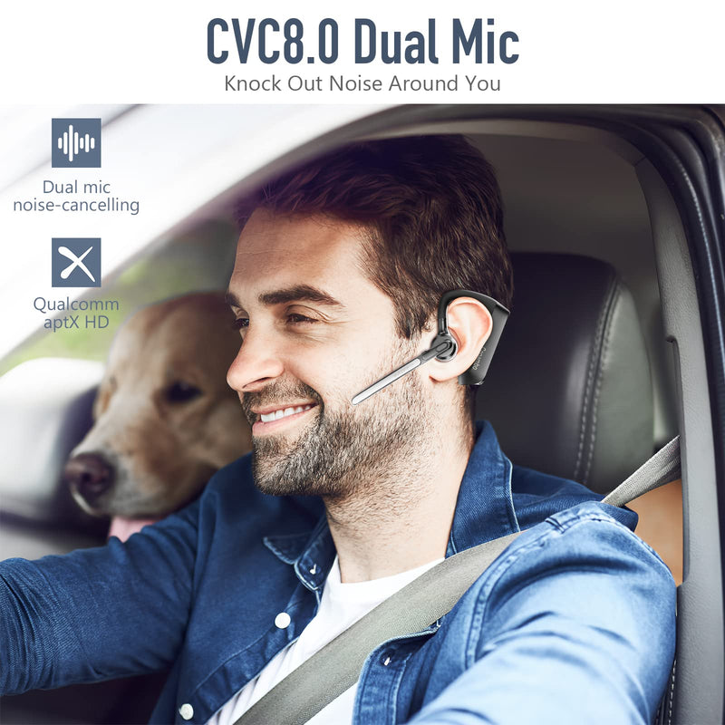 Conambo K21 Bluetooth Headset V5.1, Bluetooth Earpiece with CVC 8.0 Dual Mic Noise Cancelling Wireless Headset 12Hrs Talking Time Handsfree Headset for iOS Android Cell Phone, Trucker, Office Black
