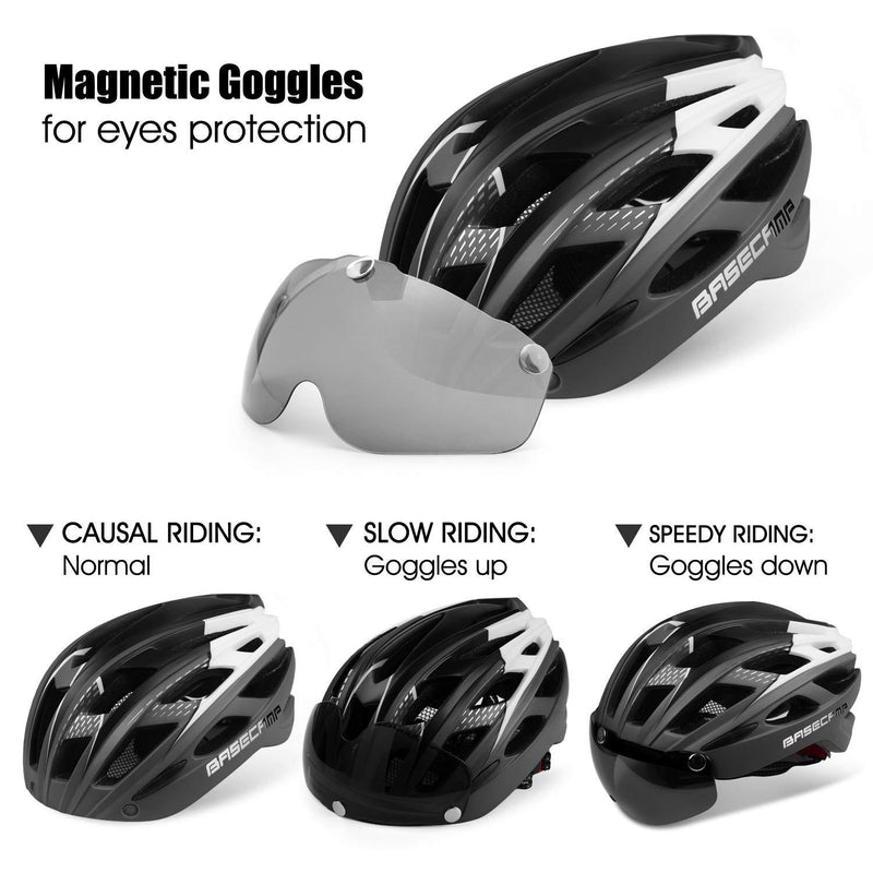 Bike Helmet, Basecamp Bicycle Helmet Cycling/Climbing Helmet with Detachable Magnetic Goggles Visor&Led Back Light&Portable Backpack Adjustable for Men Women Mountain Road Bc-069 Titanium