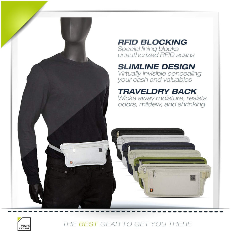 Lewis N. Clark RFID Blocking Money Belt Travel Pouch Waist Stash + Credit Card, Id, Passport Holder for Women & Men, Black, One Size