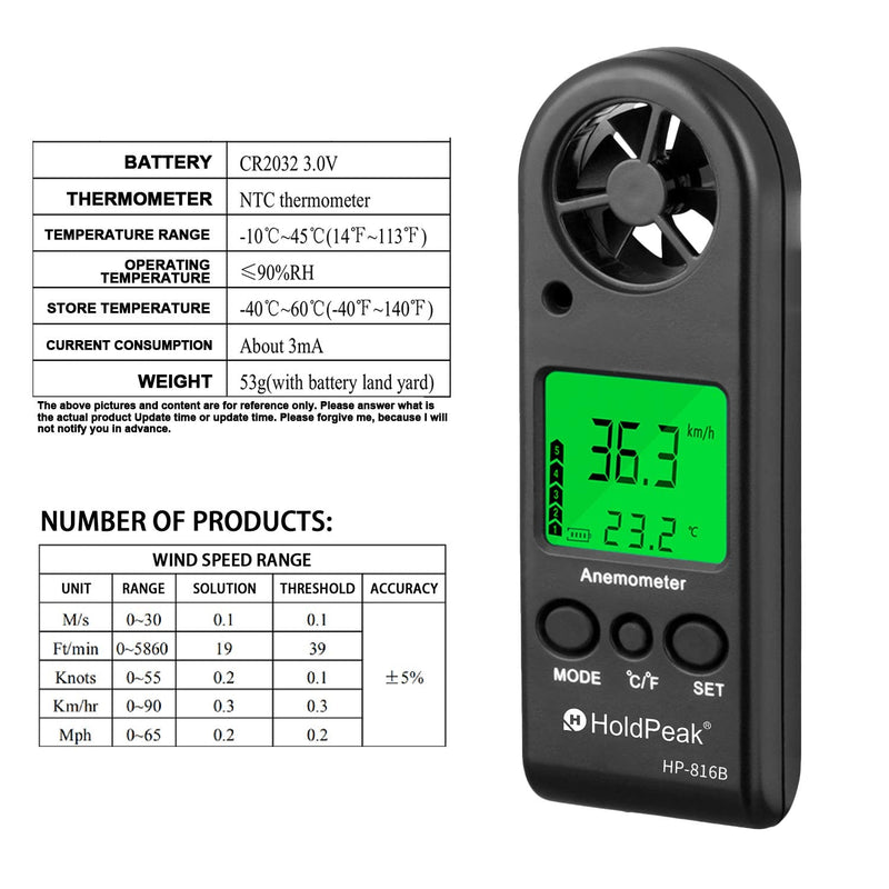 HoldPeak Anemometer Handheld HP-816B2PCS Wind Speed Meter Gauge Air Flow Velocity Measurement with Wind Chill Indication and Backlight for Windsurfing Kite Flying Shooting (Gift : Compass) 3-HP-816B*2PCS