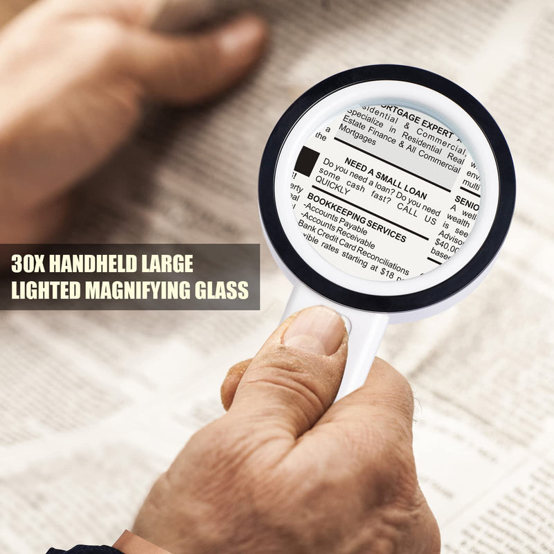Magnifying Glass with Light, 30X Handheld Magnifying Glass, 12 LED Illuminated Lighted Magnifier for Low Vision Seniors Reading, Macular Degeneration, Soldering, Inspection, Coins, Jewelry, Exploring