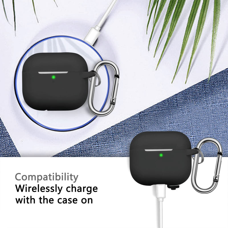 R-fun AirPods 3 Case Cover, Silicone Protective Accessories Skin with Keychain Compatible with Apple AirPod 3rd Generation 2021 for Women Men Girls Boys,Front LED Visible-Black A-Black