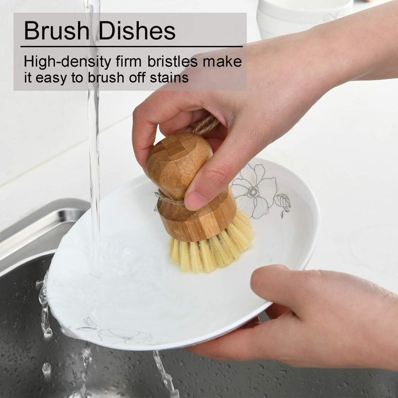 Bamboo Dish Scrub Brushes by Subekyu, Kitchen Wooden Cleaning Scrubbers Set for Washing Cast Iron Pan/Pot, Natural Sisal Bristles, Set of 3 Ceramics Base + 3p Sisal Brushes