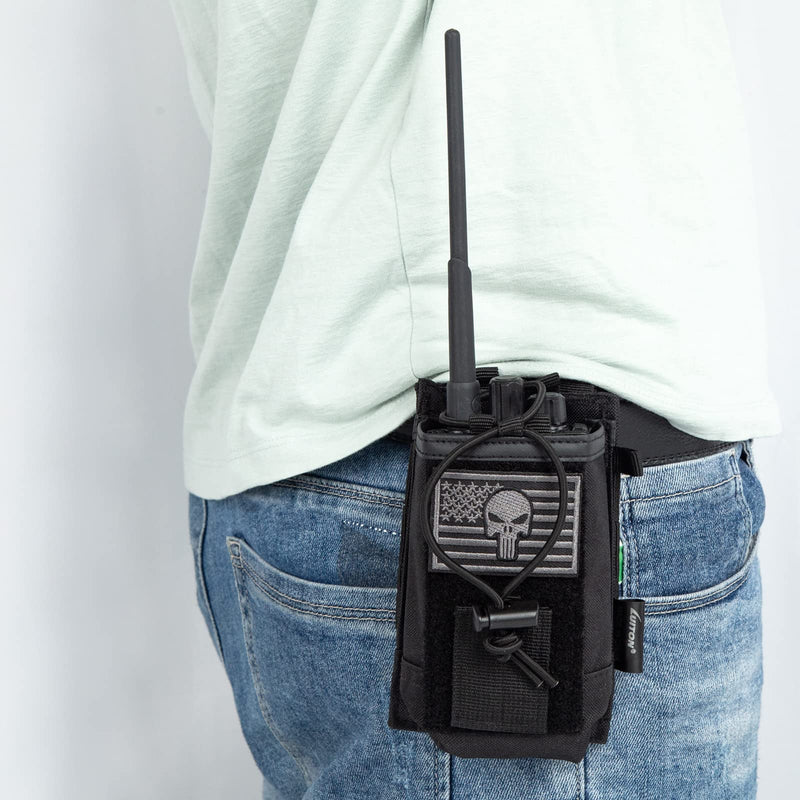 Radio Holder Radio Pouch Molle Radio Holster Tactical Radio Holder Radio Case Duty Belt Accessories Military Heavy Duty Radio Bag for Walkie Talkies Adjustable Storage with Patch（Punisher Skull Flag） Skull Flag Patch