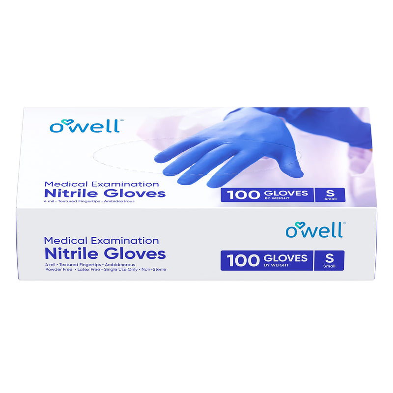 O'WELL Medical Examination Nitrile Gloves | XS-S-M-L-XL | 4mil, Finger Textured, Powder & Latex Free | Medical & Food Grade Small (100 Count) Blue