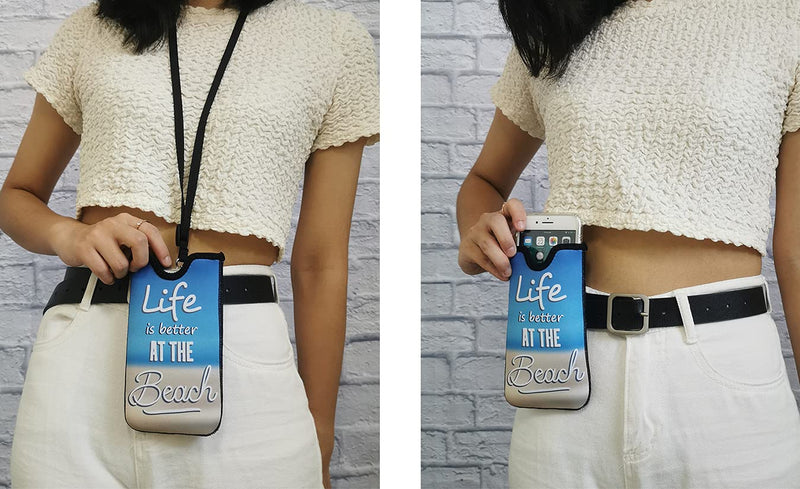 Tainada Men Women Neoprene Shockproof Phone Sleeve Pouch Carrying Case with Neck Lanyard, Belt Loop Holster for iPhone 13 / 12, 13 / 12 Pro Max, 11, Samsung S21, A52, Google Pixel 5a 5G (Beach Quote) Beach Quote
