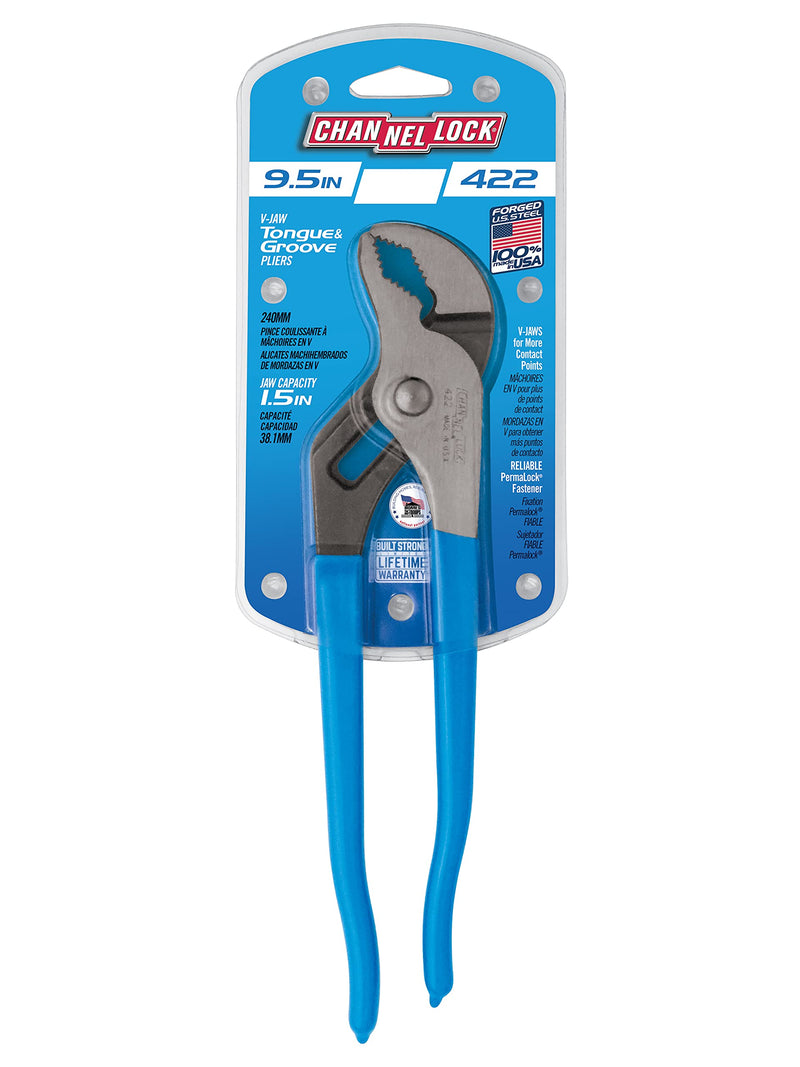 Channellock 422 1-1/2-Inch Jaw Capacity 9-1/2-Inch V-Jaw Tongue and Groove Plier , Blue 9-1/2 inch V jaw Pliers