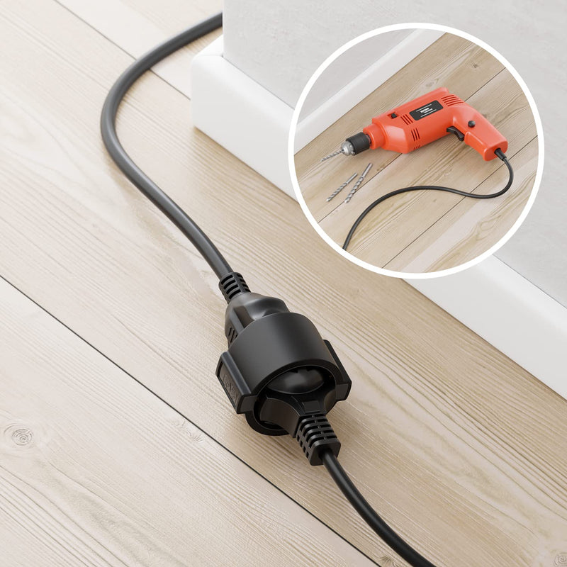 deleyCON 2m extension cable power cable power cable extension protective contact plug type F (CEE 7/4) 90° angled to socket (CEE 7/3) touch protection TV PC computer projector - black 2 M