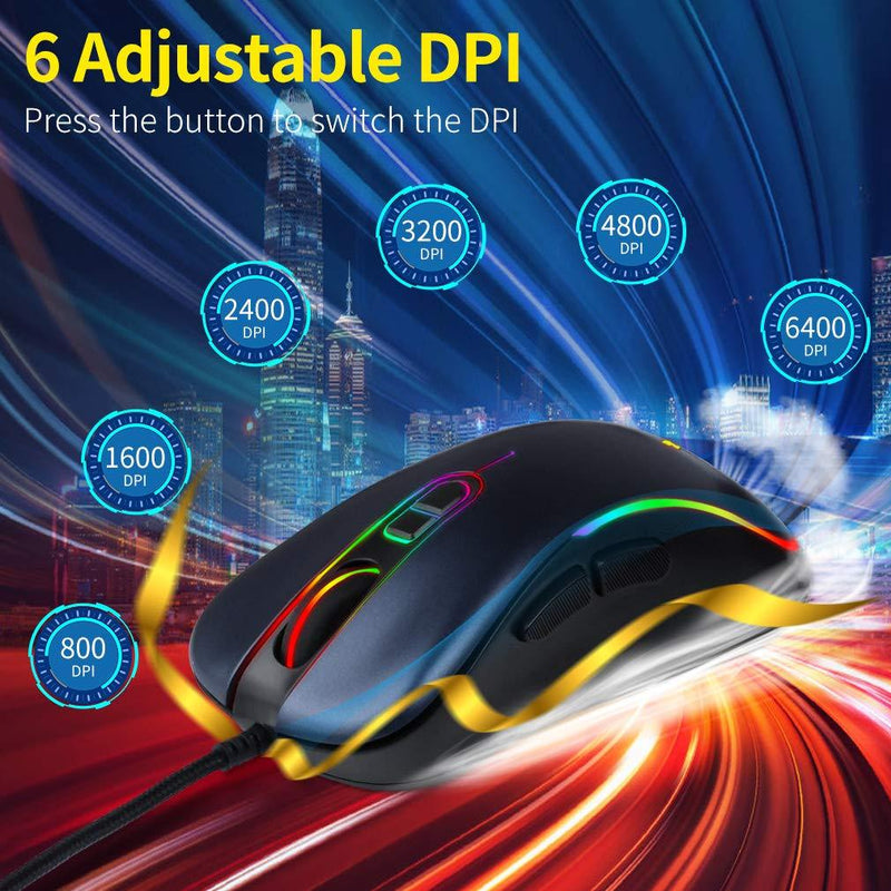 USB Computer Mice,RGB Optical Backlit USB Wired Mouse,6400 DPI 7 Buttons Premium and Portable Office and Home Mice Compatible with Windows PC, Laptop, Desktop,Notebook Blue