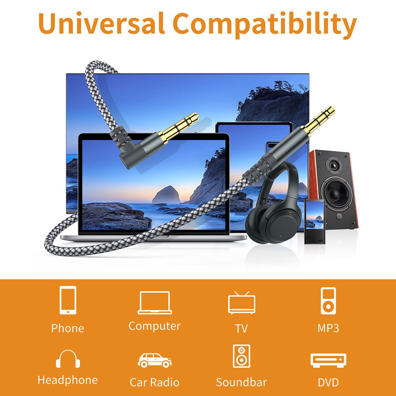 2 Pack Aux Cable, 6.6ft/2M TRRS Auxiliary Cables 90 Degree Right 3.5mm Nylon Braided 1/8 AUX Cord for Car Compatible with Stereos, Speaker, iPod iPad Smartphone, Headphones Sony,Echo Dot,Beats- Grey 6.6 Feet