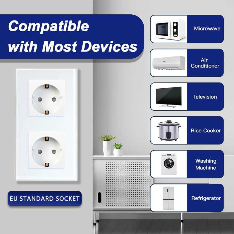 BSEED Schuko socket 2 compartment EU standard double socket wall socket crystal glass plate 16 Amp 250 V extension sockets 157 mm white