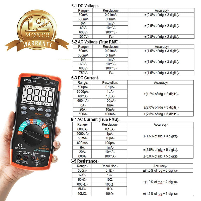 True RMS Digital Multimeter Tester 6000 Counts AC DC 20A Ohmmeter Voltmeter DMM Measure Voltage Current Amp Resistance Diodes Continuity Duty-Cycle Capacitance Temperature (BTMETER BT-770T) BT-770T Auto Ranging