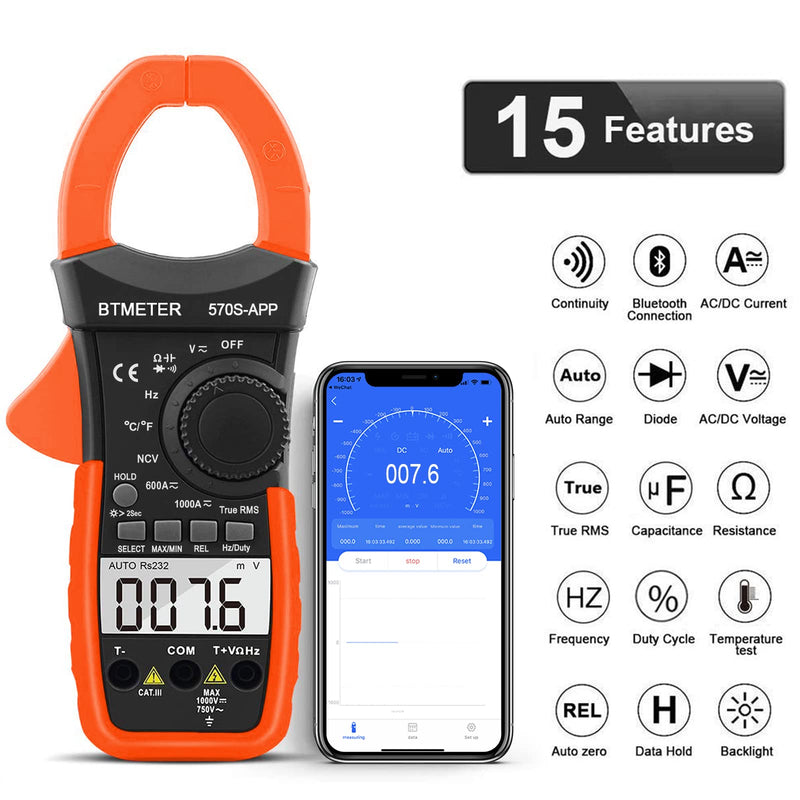 BTMETER Digital Clamp Multimeter BT-570S-APP with Bluetooth, 6000 Counts TRMS Clamp-on Ammeter Auto Ranging Voltage Tester Measure AC DC Volt Amp Ohm NCV Temperature Capacitance