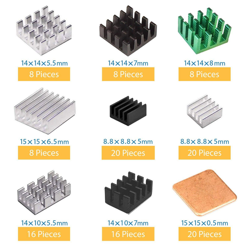 Easycargo 124pcs Heatsink Kit 9 Sizes Multicolor Aluminum + Copper + Thermal Conductive Adhesive Tape, Cooler Heat Sink Cooling VRM VRAM CPU GPU Small IC Laptop M.2 SSD NVMe Raspberry Pi 4 Heatsink Pre-Applied Thermal Tape