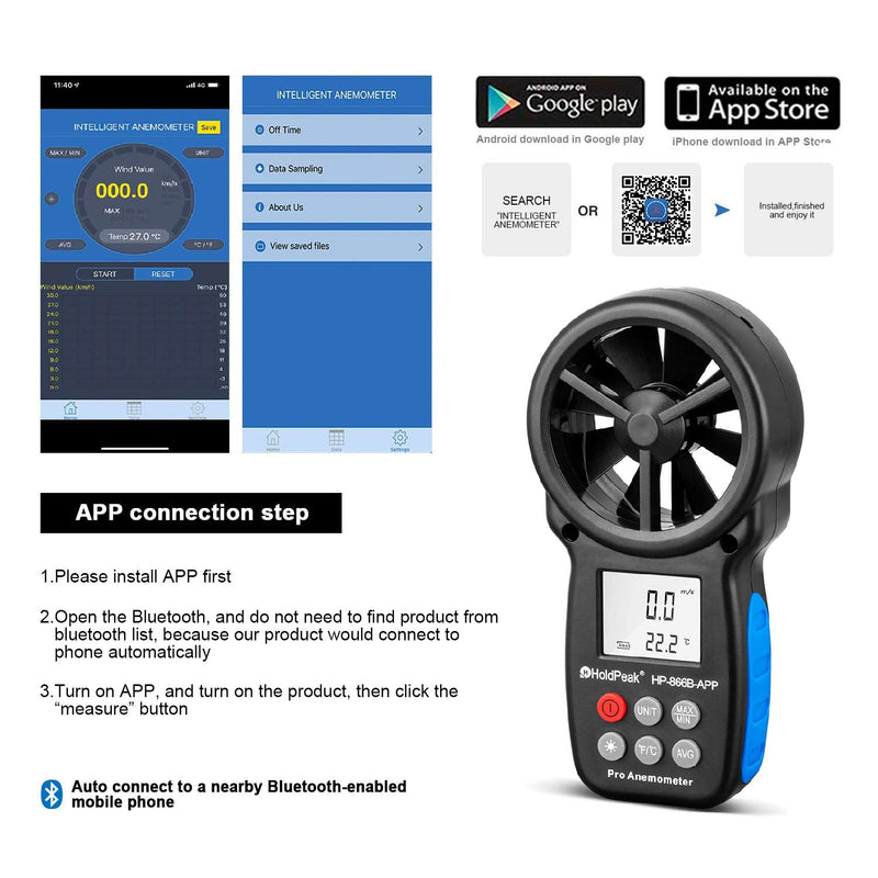 HOLDPEAK HP-866B-APP Digital Anemometer Handheld Vane Wind Speed Meter, APP Connect for Measuring Wind Speed, Temperature, Wind Chill with Backlight (Black) 1
