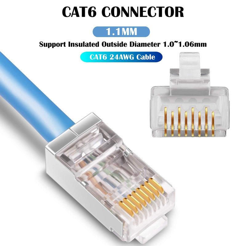 Shielded Cat6 RJ45 Connectors - iGreely 50-Pack Gold Plated RJ45 Cat6/Cat5E/Cat5 8P8C 50 Micron 50u 3 Prong FTP STP Ethernet Cable Crimp Modular Plug