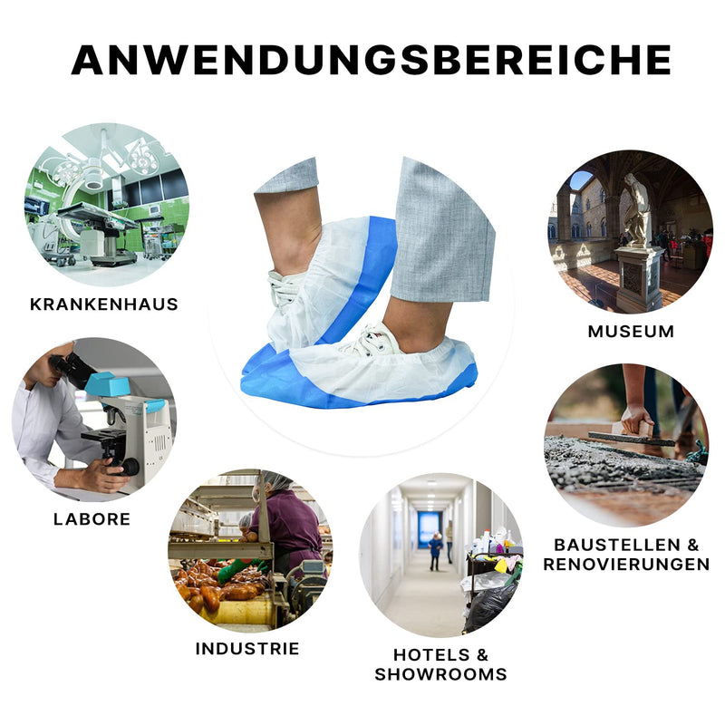 50x ARNOMED disposable shoe covers blue/white, overshoes with waterproof sole, reusable CPE+PP overshoes extra strong, shoe protection cover non-slip 17x40cm, tear-resistant overshoes for construction sites 050 pieces
