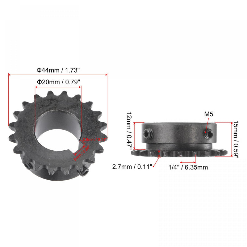 uxcell 20 Tooth Roller Sprocket B Type, 25 Chain, Single Strand 1/4" Pitch, 20mm Bore Black Oxide C45 Carbon Steel, Keyway with Set Screws for ISO 04C