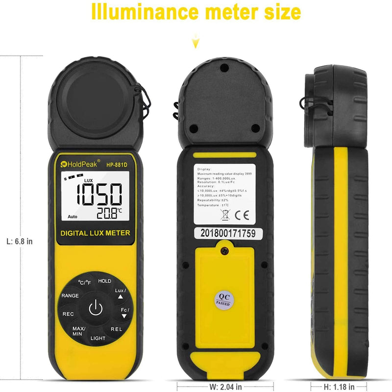 Light Meter HOLDPEAK HP-881D Digital Lux Meter 0.01-400,000 Lux /1-40,000 FC Measuring Ranges and 270° Rotatable Detector for LED Lights and Plants Lumen Meter Y-HP-881D(0.01-400,000 Lux /1-40,000 FC)