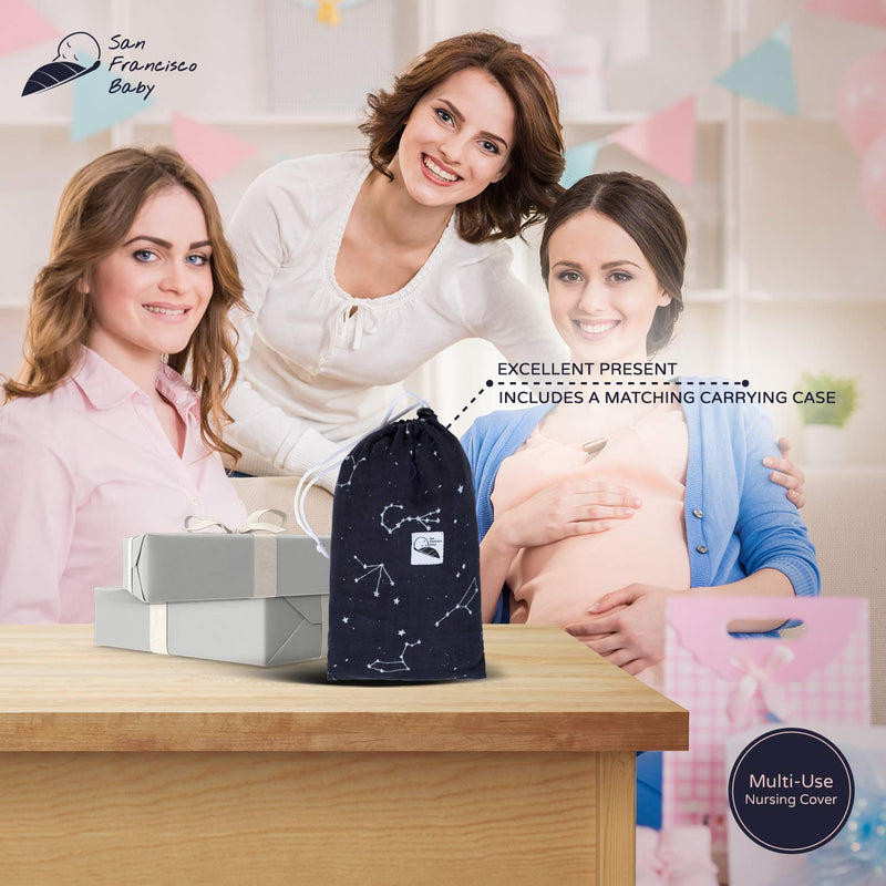 Cotton Nursing Cover - Large Breastfeeding Cover with Built-in Burp Cloth & Pocket - Soft, Breathable, Chemical-Free, 360° Coverage, Black Nursing Cover for Breastfeeding by San Francisco Baby Premium Black