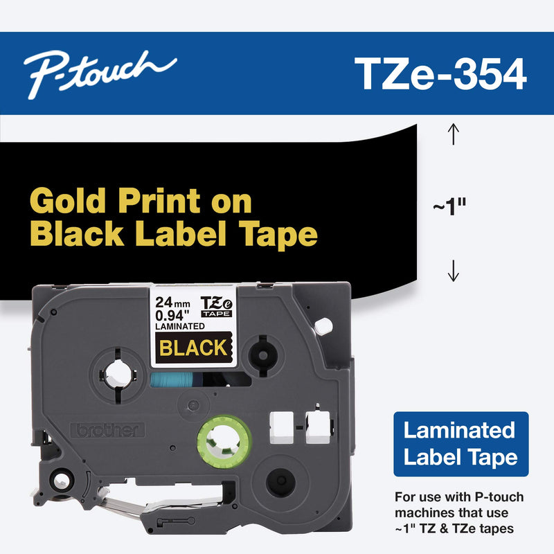 Brother Genuine P-Touch TZE-354 Tape, 1" (24 mm) Standard Laminated P-Touch Tape, Gold on Black, Laminated for Indoor or Outdoor Use, Water-Resistant, 26.2 ft (8 m), Single-Pack