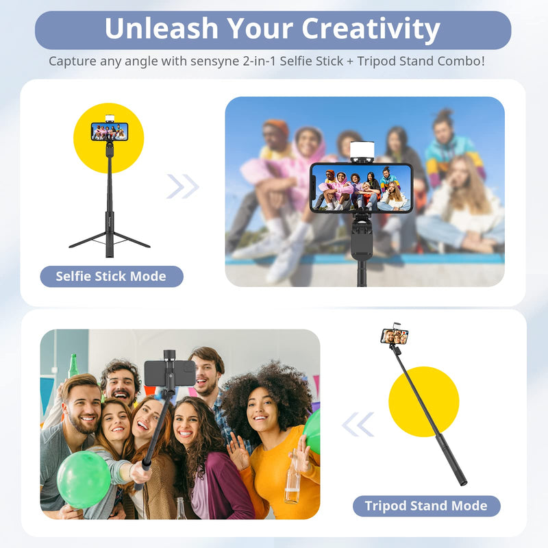 Sensyne Selfie Stick with Light, Phone Tripod with 360° Rotatable Handle Compatible with Cellphones for Selfies/Photography/Video Calls/Live Stream/Content Creating (Black) Black