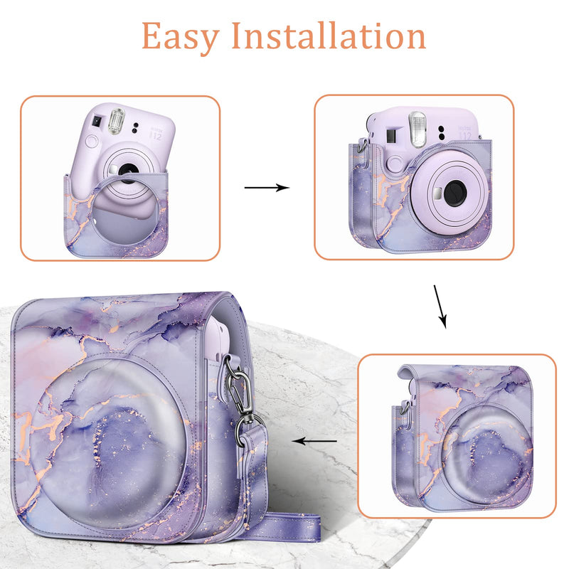 Fintie Protective Case for Fujifilm Instax Mini 12 Instant Camera - Premium Vegan Leather Bag Cover with Removable Adjustable Strap, Lilac Marble