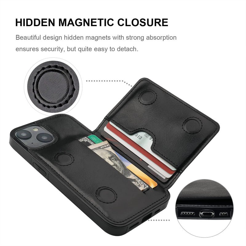 KIHUWEY Compatible with iPhone 14 Wallet Case Credit Card Holder, Premium Leather Kickstand Flip Hidden Magnetic Clasp Durable Shockproof Protective Cover for iPhone 14 6.1 inch (Black) Black