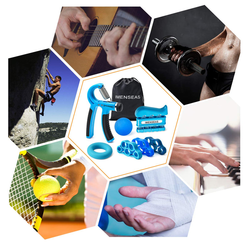 IMENSEAS Hand Grip Strengthener 7 Pack Adjustable Hand Gripper, Finger Stretcher Resistance Extensor Bands, Finger Exerciser, Grip Strength Ring & Stress Relief Ball for Athletes & Musicians Blue