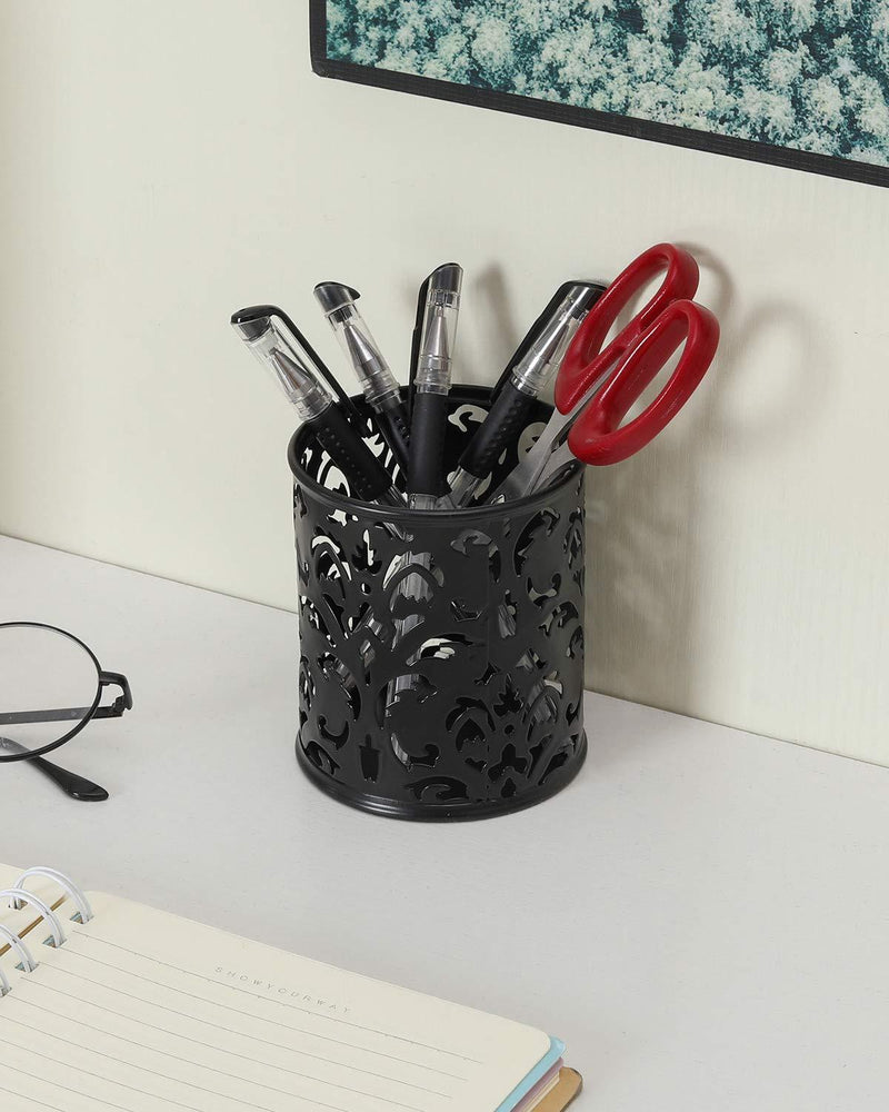 EasyPAG 2 Pcs 3-1/4 inch Dia x 3-3/4 inch High Round Floral Pencil Holder, Black