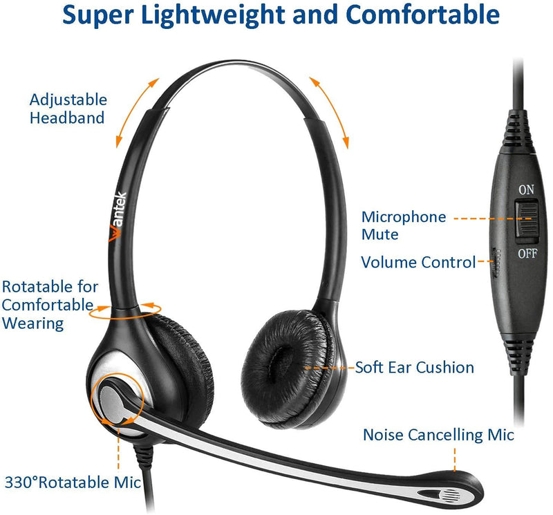 Phone Headset with Microphone Noise Cancelling & Volume Controls, 2.5mm Telephone Headset Compatible with Polycom Panasonic AT&T Vtech Uniden Office Cordless Phones, Clear Chat, Ultra Comfort Black