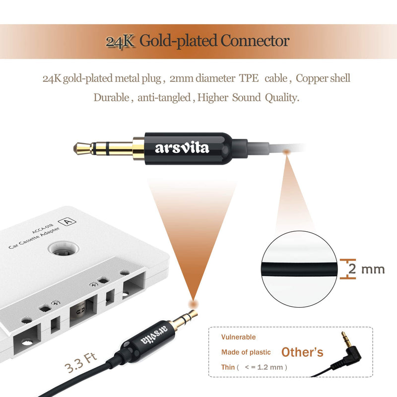 arsvita Car Audio Cassette to Aux Adapter, 3.5 MM Auxillary Cable Tape Adapter White