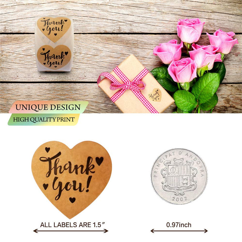 Thank You Heart Stickers Roll, 1.5 inch Thank You Stickers Brown Kraft Paper, 500p/Roll, Small Business, Party Decorative Sealing Labels Stickers(Heart Thank You Stickers 500Pcs/Roll) Heart Thank You Stickers 500pcs/Roll