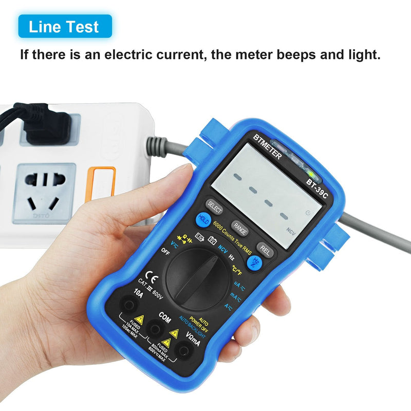 BTMETER BT-39C True RMS Multimeter, Auto Range Digital Avometer 6000 Counts Accurate Measures AC/DC Amps, Volts, Ohms, Capacitance,Frequency with Auto Backlight, NCV Temp Test BT-39C W/ Temp Measurement (BLUE)