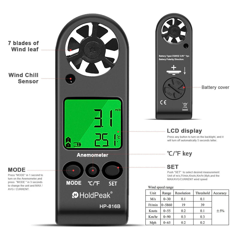 HOLDPEAK HP-816B Anemometer Handheld Wind Speed Meter Gauge Air Flow Velocity Measurement with Wind Chill Indication and Backlight for Windsurfing Kite Flying Shooting (Gift : Compass) 2-HP-816B w/ Leather case