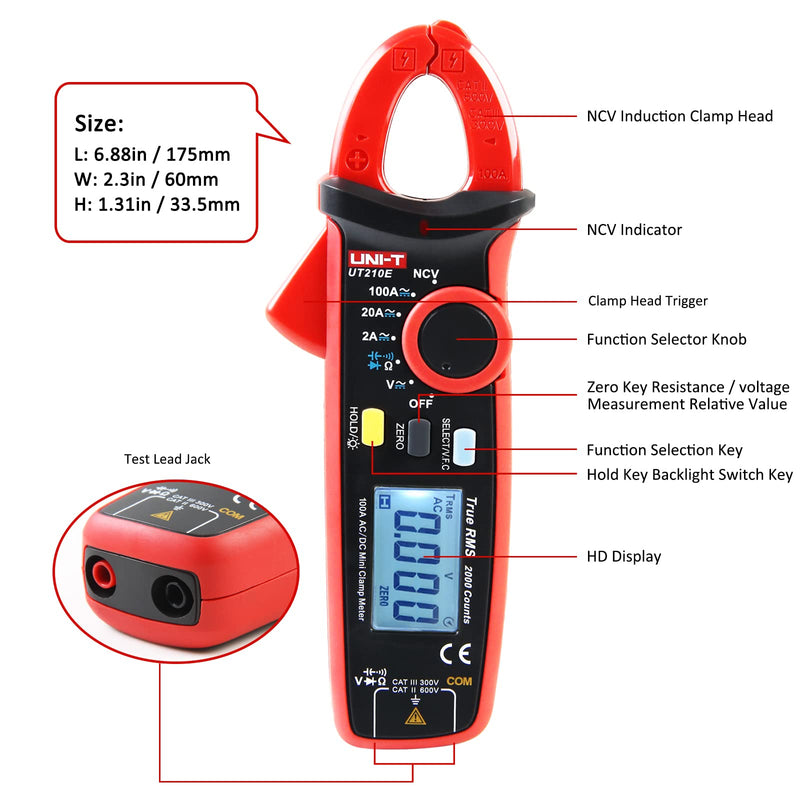 Clamp Meter,UT210E Digital Clamp Multimeter,Continuity Tester AC/DC Ammeter with NCV and VFC Functions,Electrician's Universal Meter UNI-T
