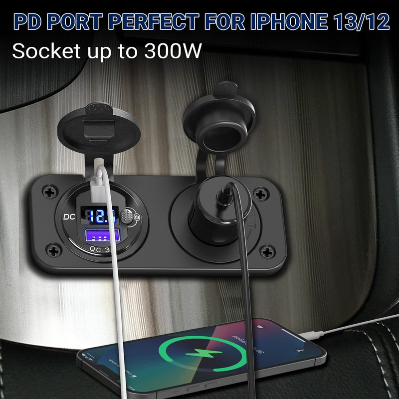 Cigarette Lighter Socket 12 Volt USB Outlet: PD 20W USB C and QC3.0 Car USB Port Aluminum Metal 12V Plug, 150W Car Charger USB Socket Panel with Power Switch LED Voltmeter for Marine Boat RV Golf Cart